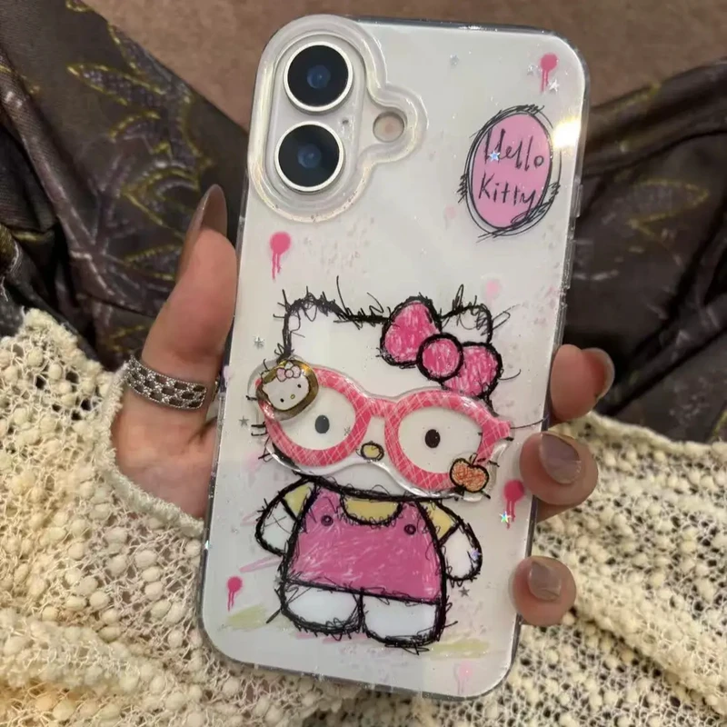 戴眼镜凯蒂猫适用苹果16手机壳iPhone15大孔14可爱13保护套12女11