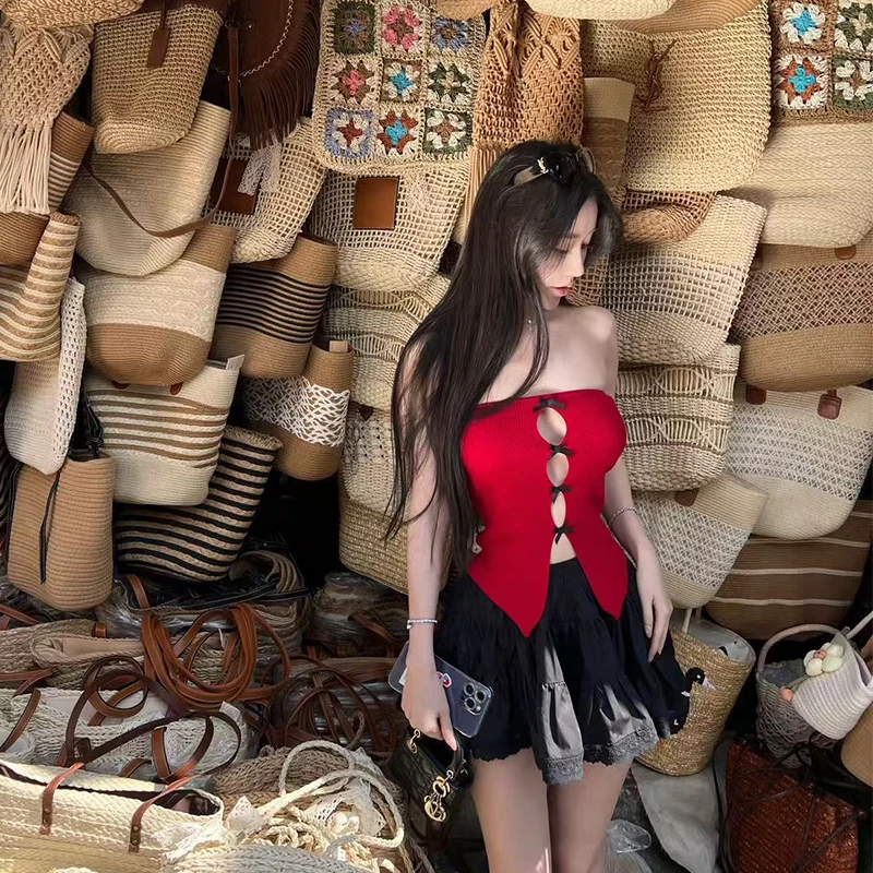 熊熊【斩男斩女】大胸性感 小胸高级 法式镂空蝴蝶结针织抹胸上衣