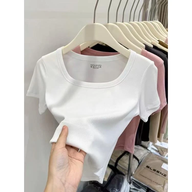 正肩U领春夏短袖T恤女大领口辣妹穿搭修身显瘦低领打底衫百搭上衣