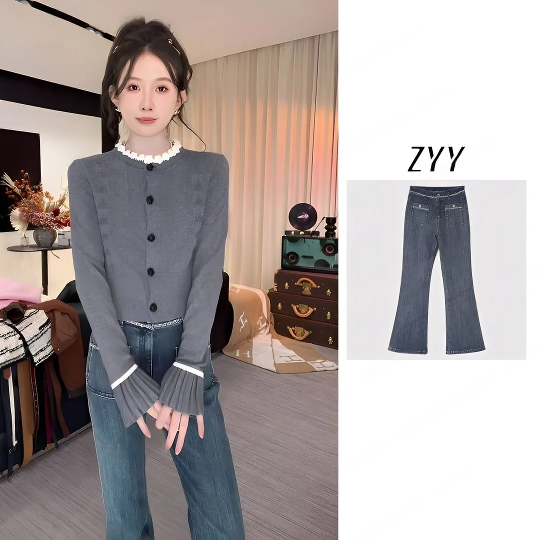 ZYY【复古靓妹】2025/S新品美式复古口袋链条牛仔长裤X25QNZK03144