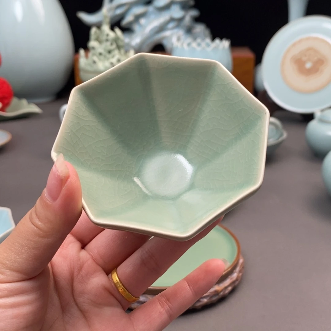 瓷片仿古釉八方杯简包装手工制作