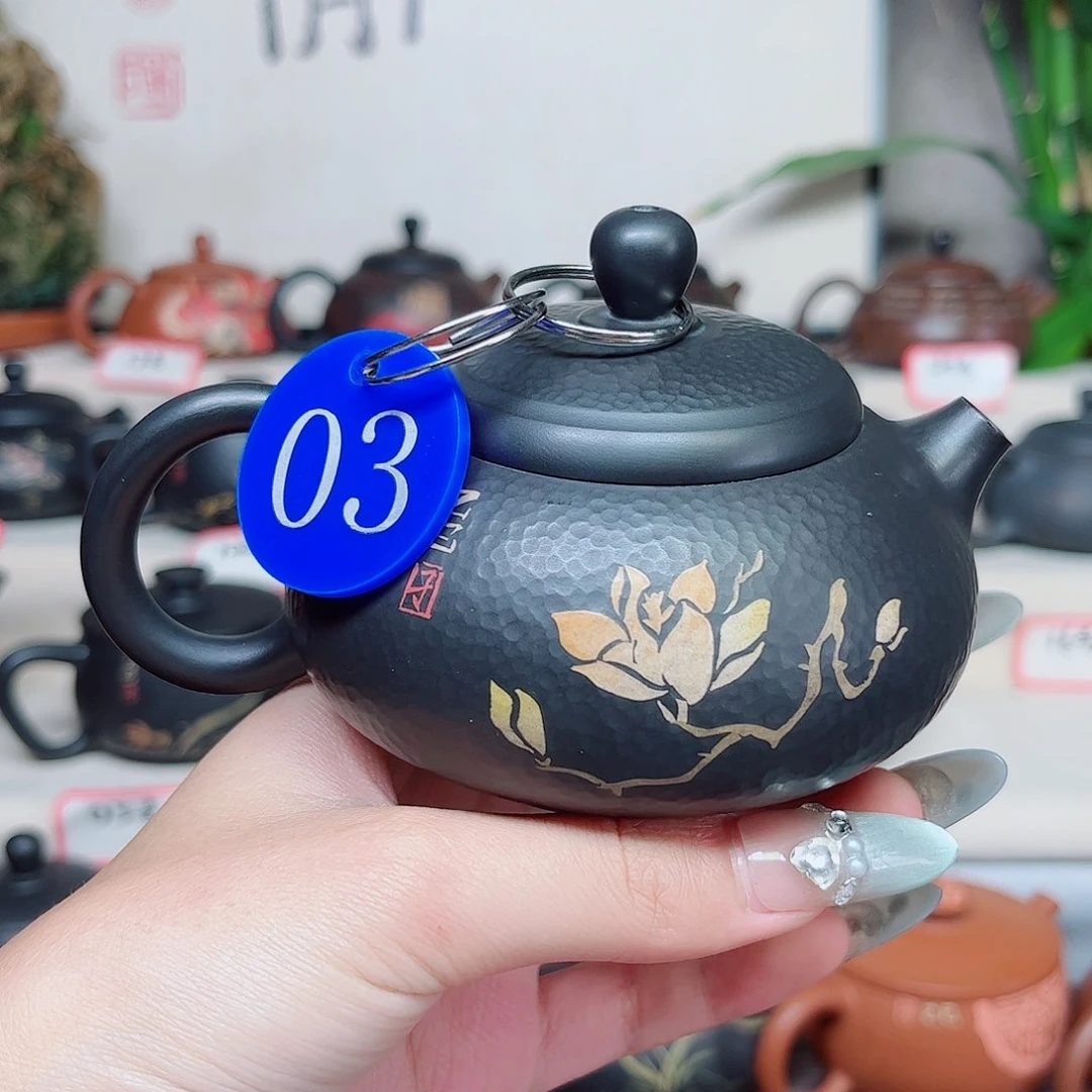 190毫升微微瑕纯手工锤纹刻填胖墩壶