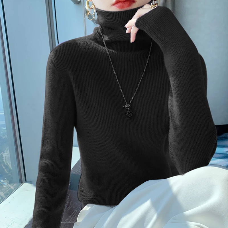 一线成衣抽条堆堆100%纯羊毛修身显瘦打底针织毛衣女