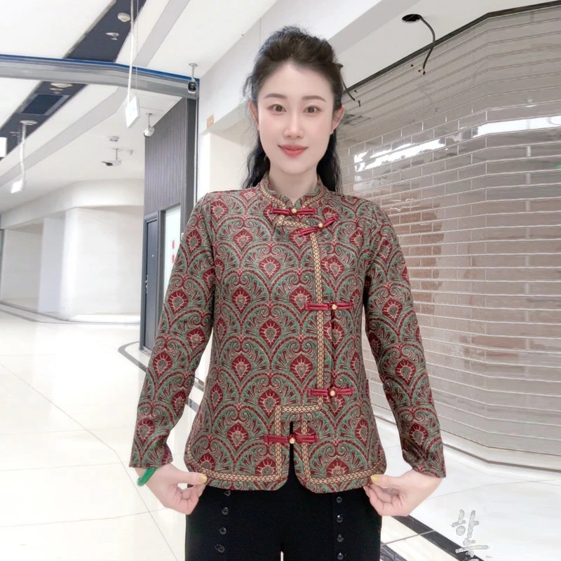 新中式洋气时尚德绒长袖侧襟旗袍领小衫外套