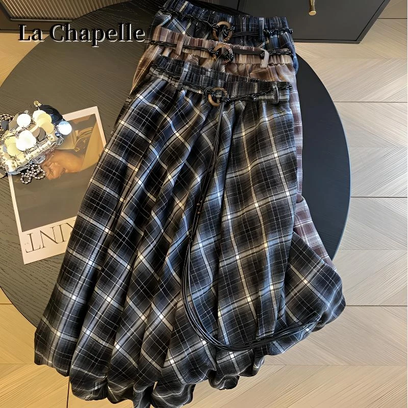 拉夏贝尔复古格子纹不规则高腰半身裙女装秋辣妹中长款小个子裙子