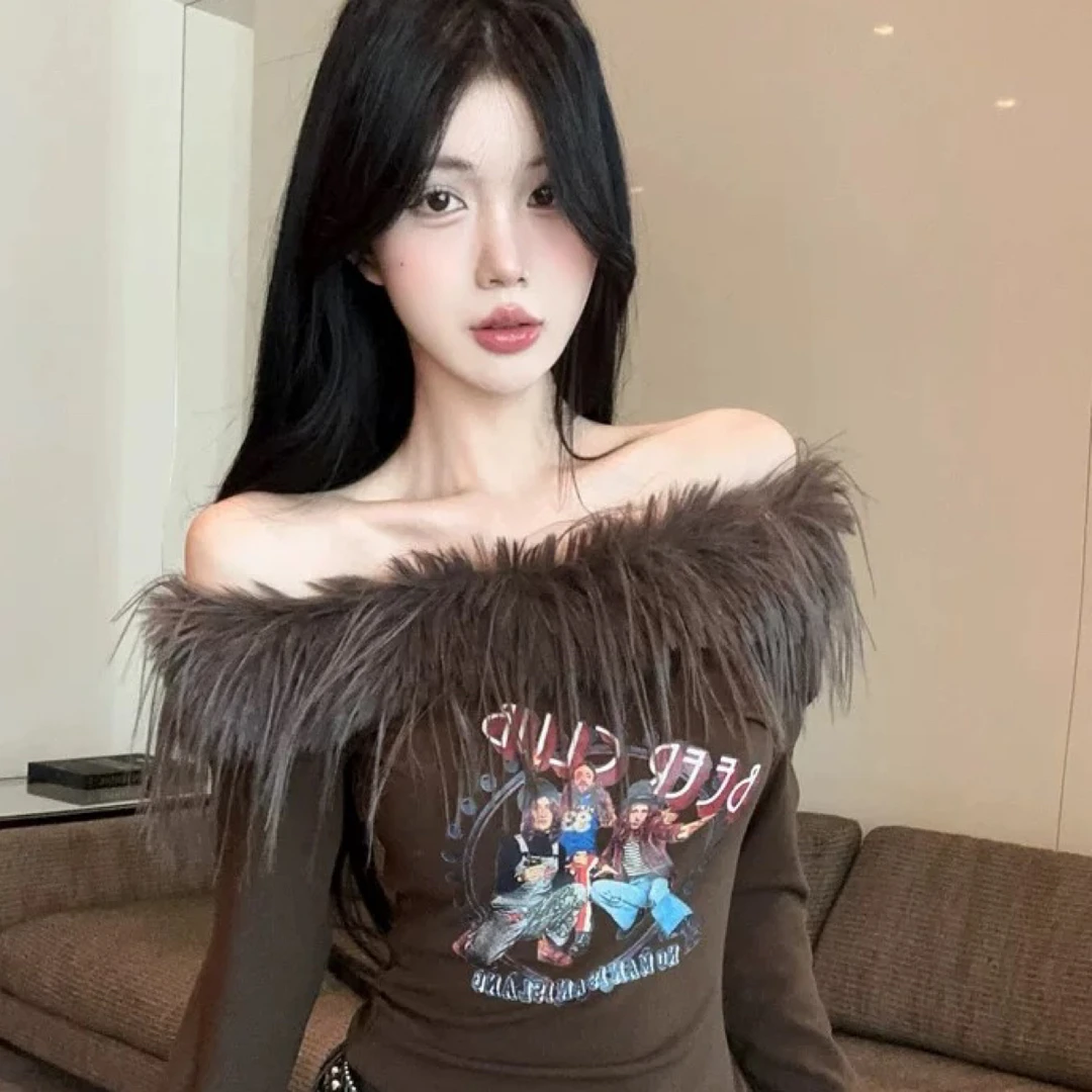 c 性感风长袖拼接美式刺绣露肩T恤时尚修身背心设计感