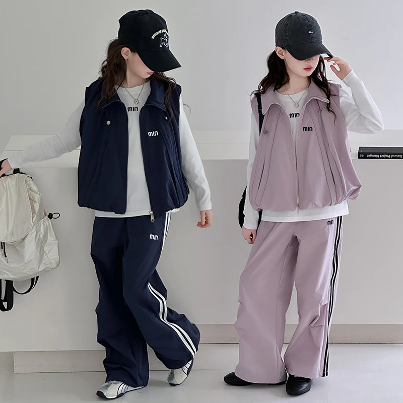 女童春秋洋气2025新款6-15岁女孩透气洋气字母运动工装裤时尚套装