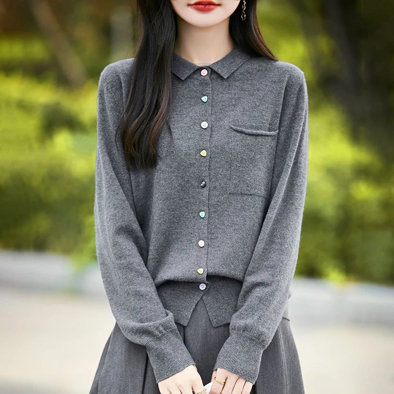 气质翻领精纺针织开衫女春秋薄款单排扣外穿上衣宽松遮肉带兜外套