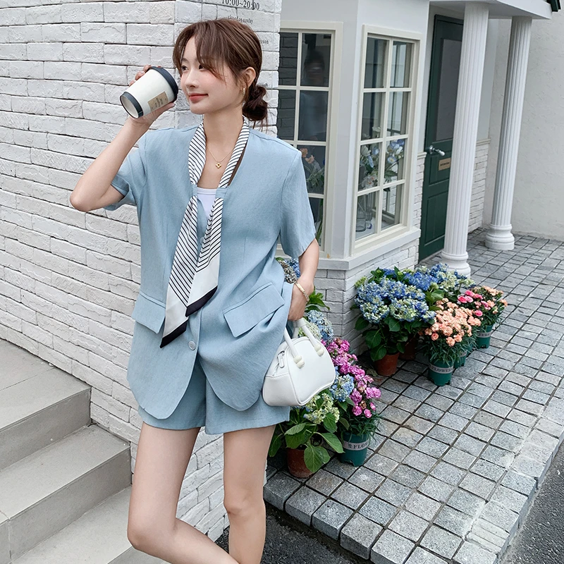 蓝色韩系短袖小西装套装女2025夏季新款气质女神范西服短裤两件套