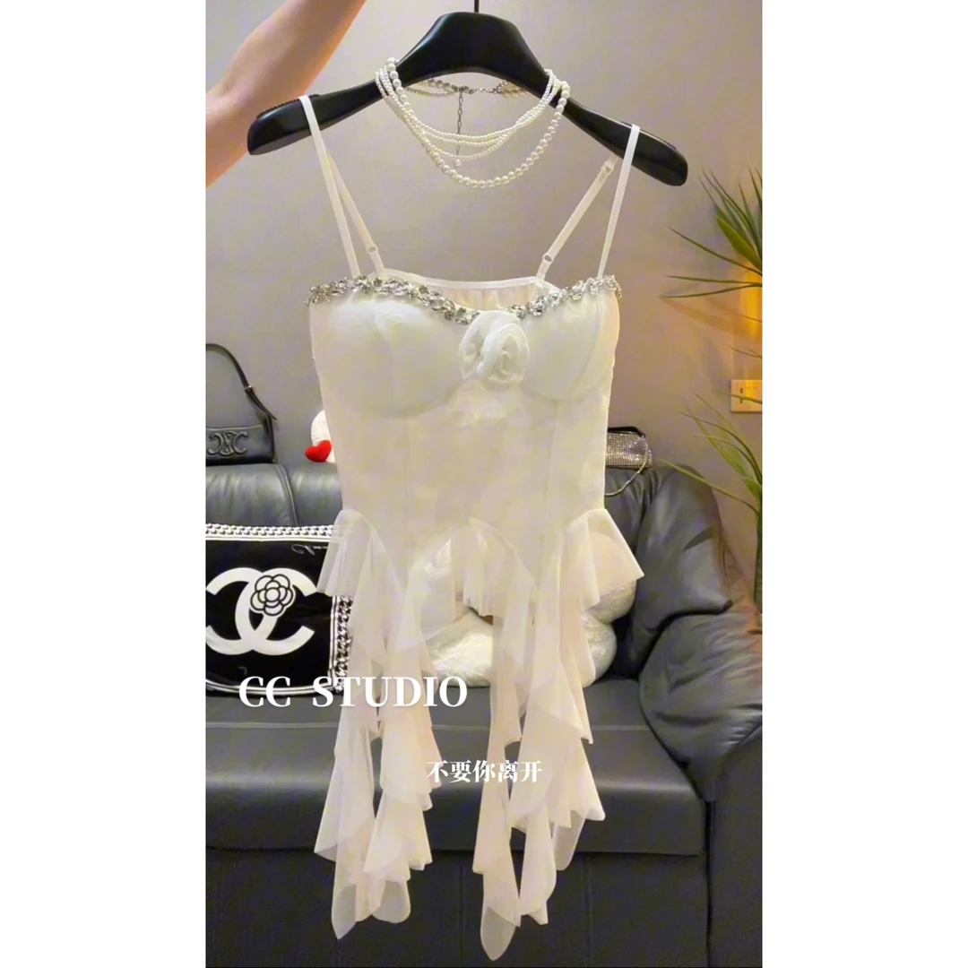 纯欲仙女不规则荷叶边飘逸流苏吊带背心女设计感修身百搭抹胸上衣