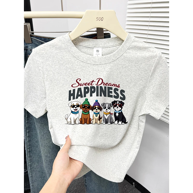 洋气小狗印花短袖t恤女小衫夏季新款韩版圆领小个子显瘦正肩上衣