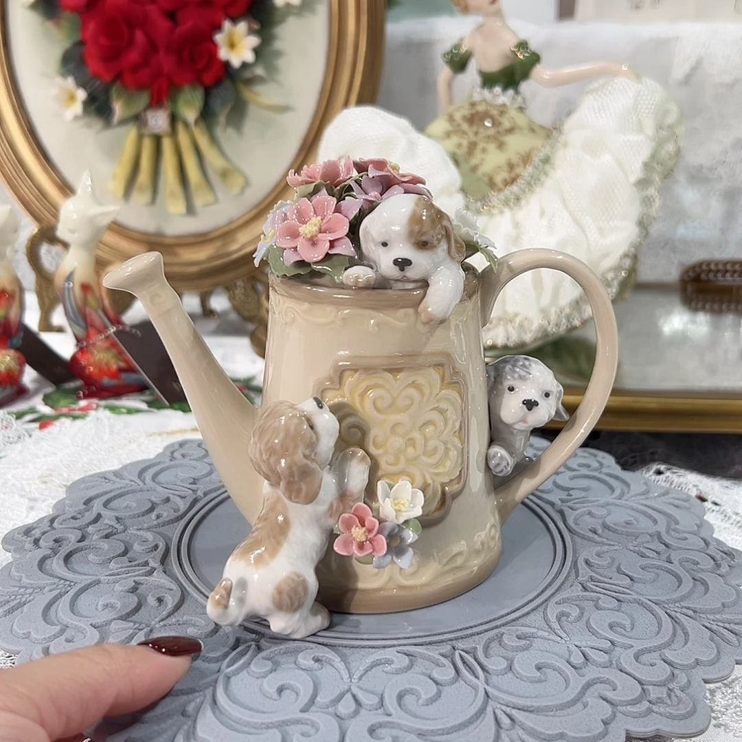陶瓷0141骨瓷小狗花壶摆件