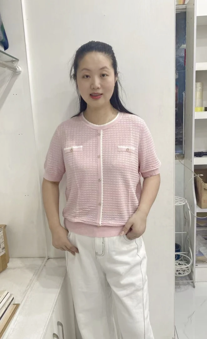 天丝桑蚕丝小香风针织短袖女夏季新款圆领撞色宽松休闲薄款