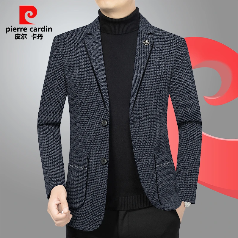 皮尔卡丹春秋季抗皱男士针织西服外套商务休夏男男士男士两粒西装
