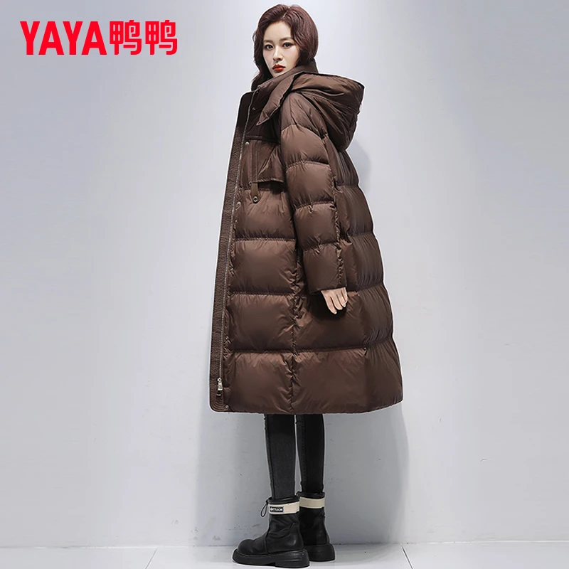 YAYA/鸭鸭长款过膝高级感羽绒服女冬季韩版宽松连帽加厚御寒外套