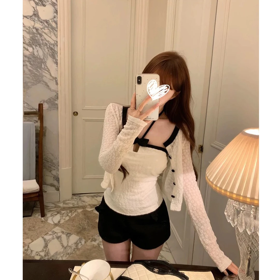 【中古香香Girl】挂脖吊带长袖开衫女秋季蕾丝提花两件套装#C1115