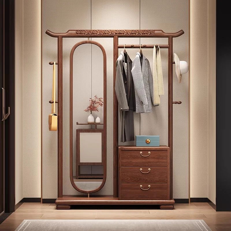 新中式乌金木挂衣架穿衣镜一体落地客厅卧室实木旋转全身镜衣帽架