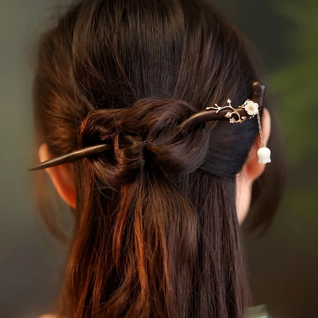 檀木发簪新中式日常通勤盘发头饰铃兰步摇簪子女古风高级感配汉服