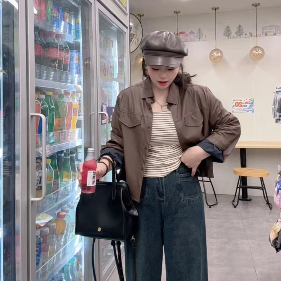 【L定制-古巴砂】大码时尚条纹吊带机车皮衣外套两件套A2206+22879