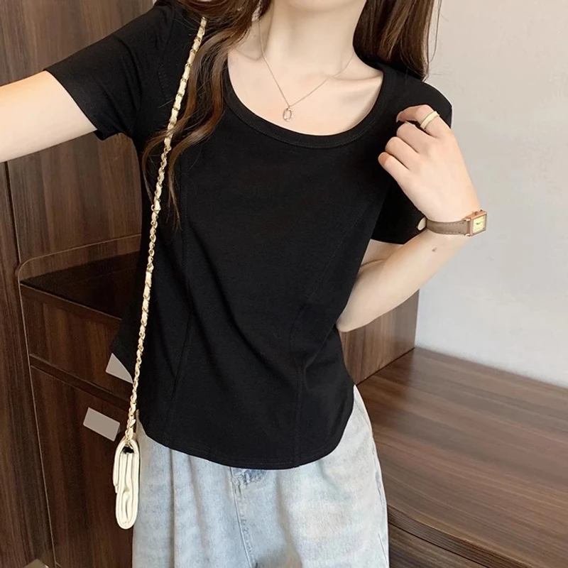 正肩短袖t恤女胖mm甜辣纯欲风显瘦打底衫内搭不规则遮肚微胖春秋