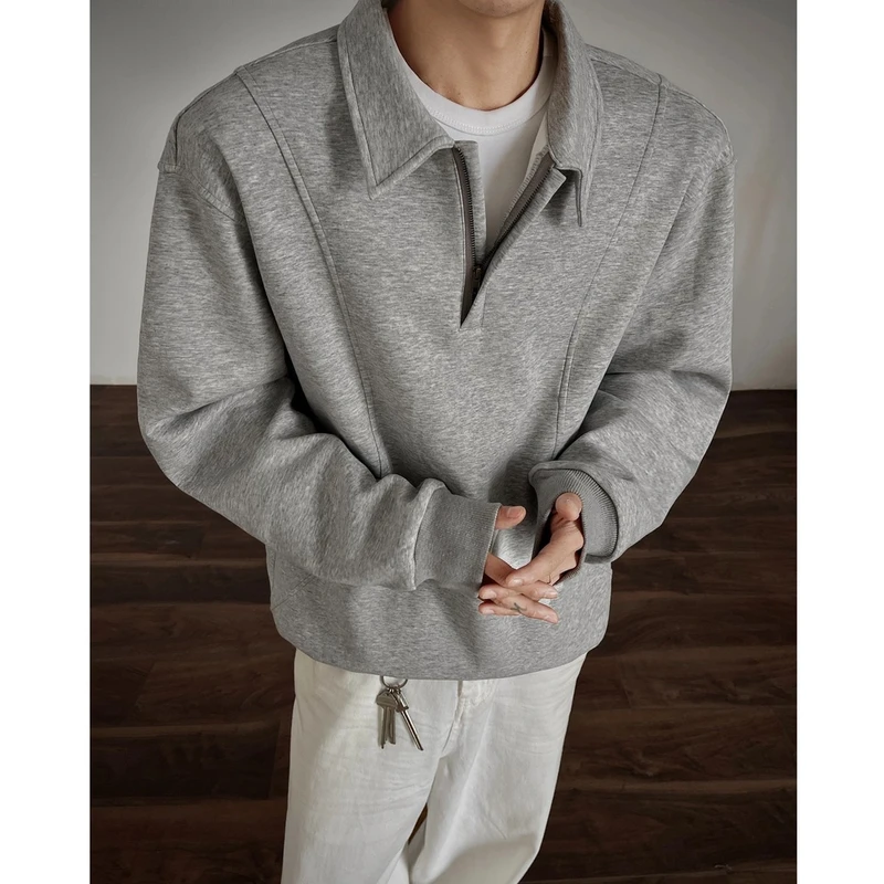 解构拼接半拉链卫衣男秋季潮牌美式重磅polo衫宽松高级感痞帅外套