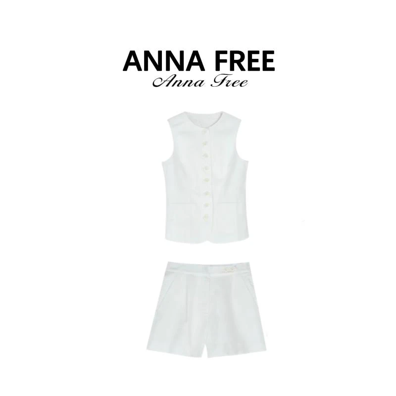 ANNA FREE 100亚麻修身法式小香风马甲背心纯色短裤套装ZCM25404