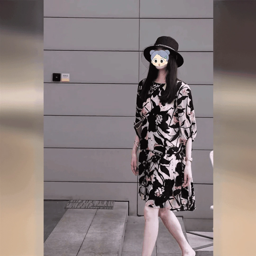 可甜可盐超好看小众黑色印花森女连衣裙女2025新款夏季高级轻奢感