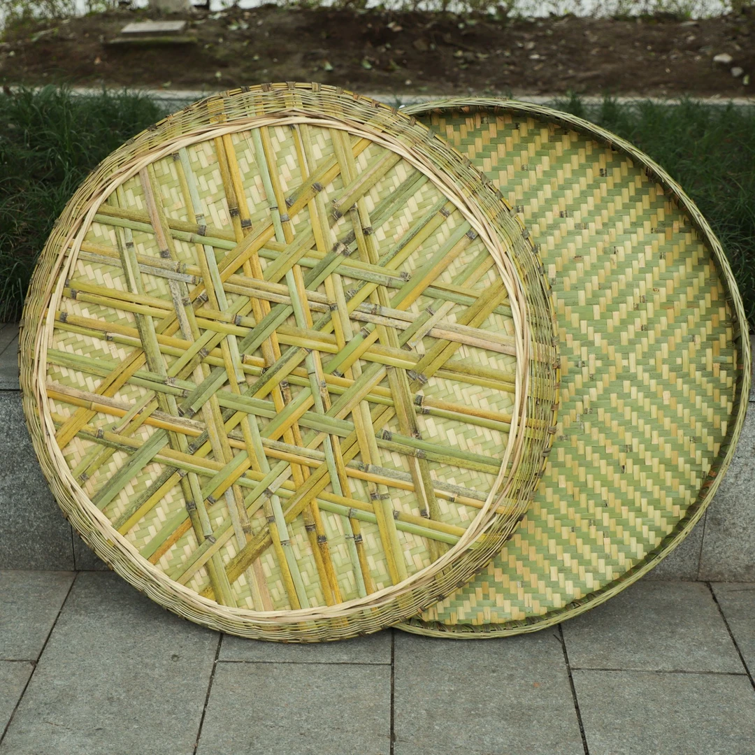 直径90cm花纹竹编晾晒簸箕老式靑篾圆形锁边家用农具双层加固簸箕