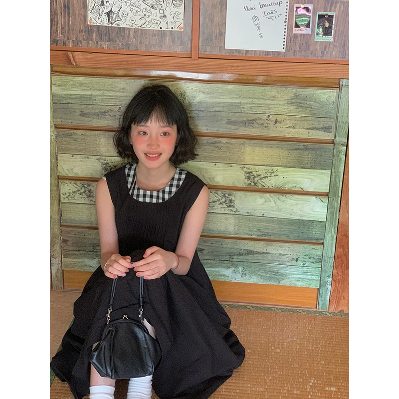 霍里德地图 拼接格子背心裙女夏季后背系蝴蝶结中长款黑色连衣裙