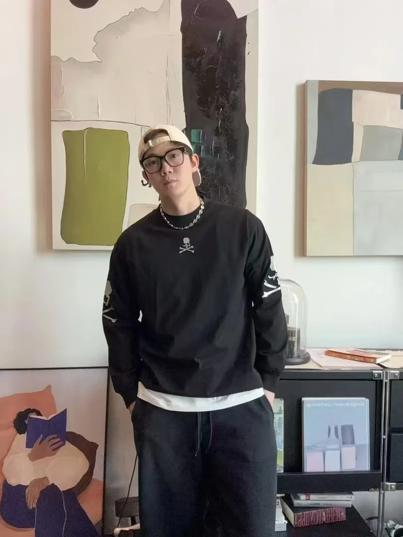 M家骷颅头闪片印花长袖福利款重磅纯棉男女同款