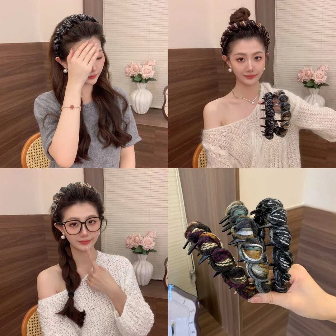 韩版秋冬暗彩编织发箍ins复古高颅顶气质混彩毛线针织头箍女