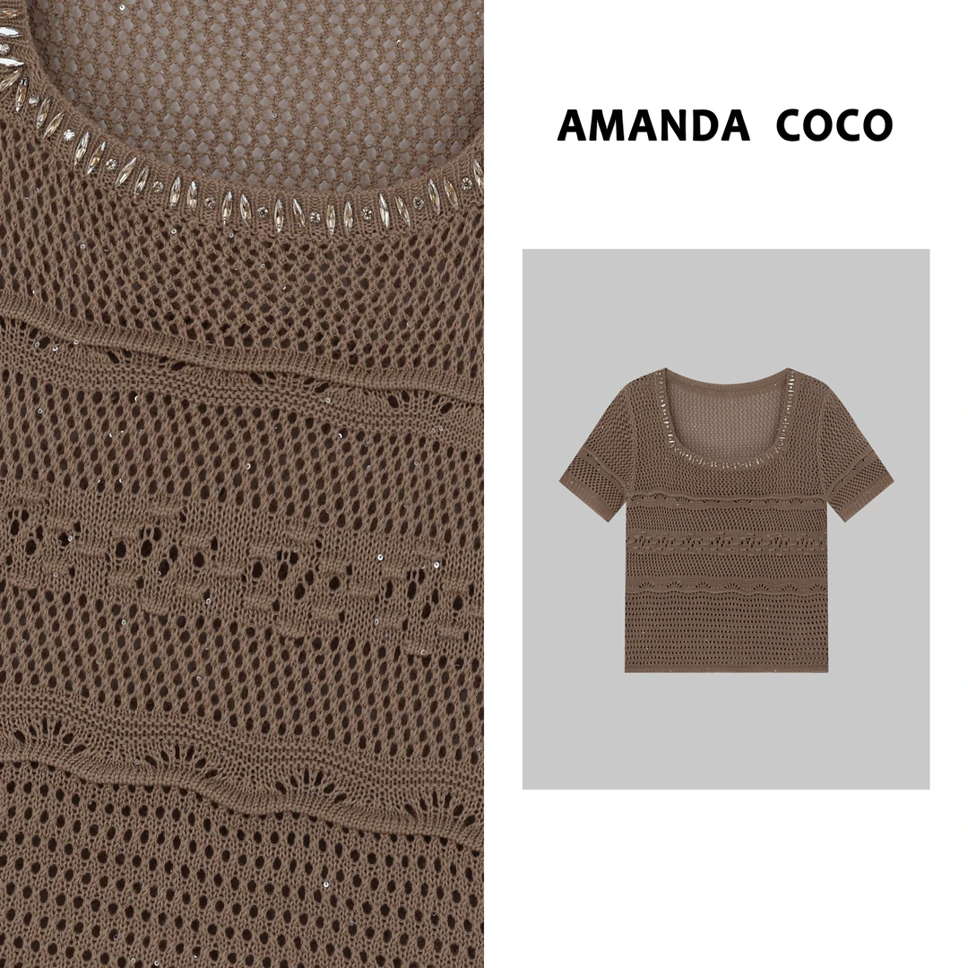 灿灿#浪漫法式～夏季薄款串钻镂空钩花百搭气质短袖针织衫