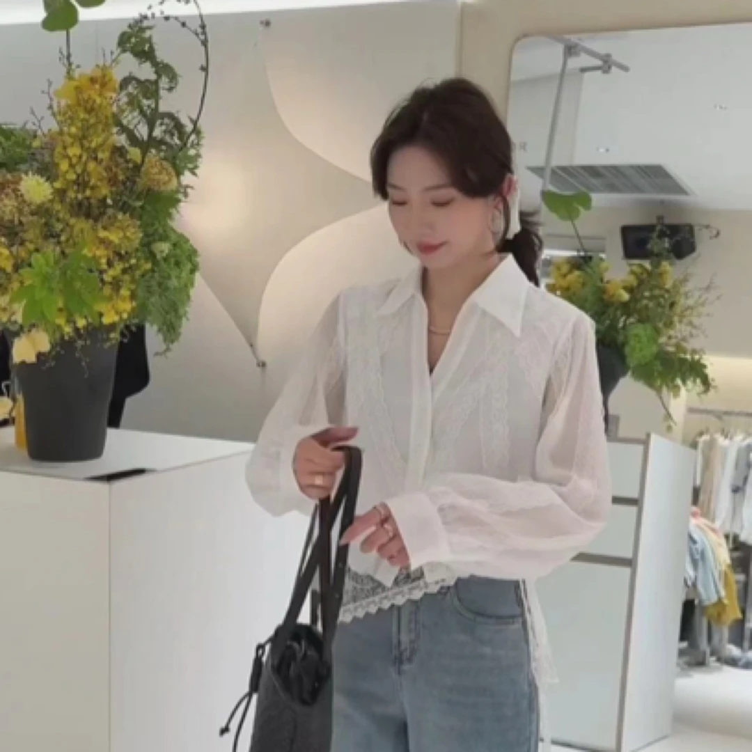 【C度笑笑力推】新品时尚小众设计师款拼接蕾丝衬衣