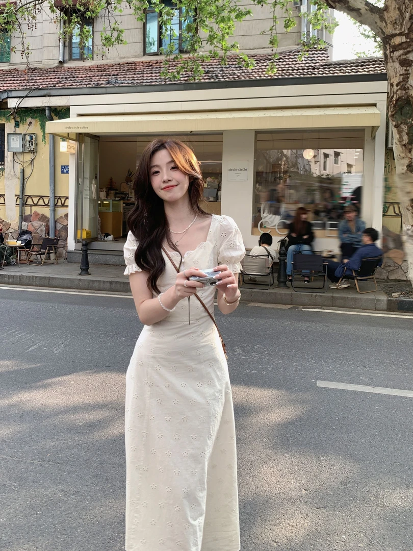Even一雯【白栀之约】韩系高智感气质短袖显白修身设计感小众连衣裙