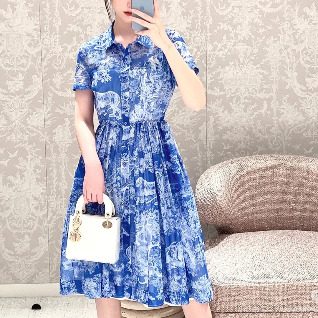未使用 DIOR/迪奥 Dioriviera 茹伊印花中长款衬衫式短袖连衣裙