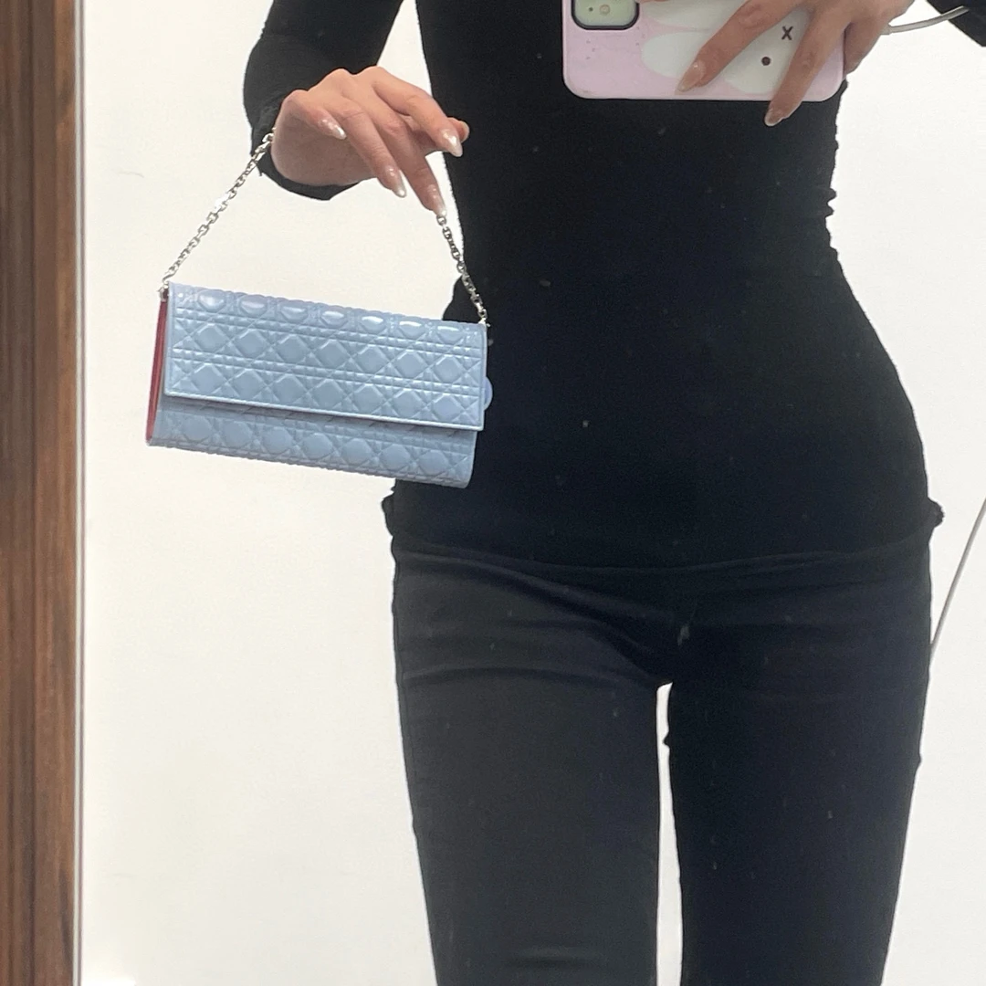 95新 DIOR/迪奥  dior天蓝色格纹手提包
