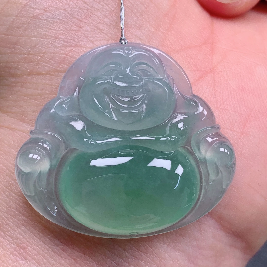 天然缅甸翡翠A货冰晴飘花佛公气质精美尺寸34+30.5+6.5  303