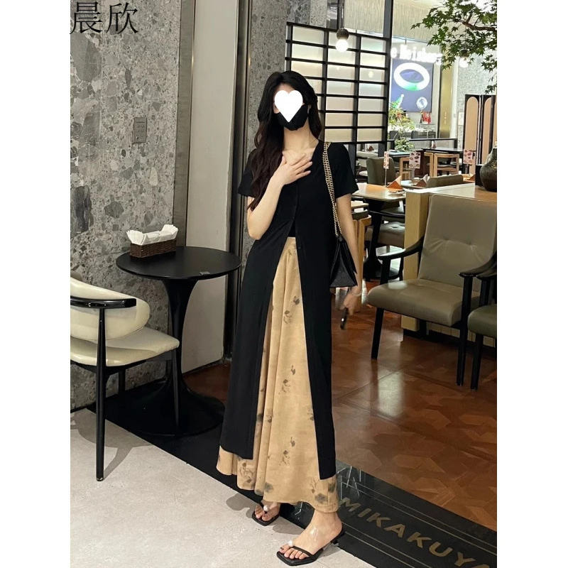 夏季装搭配一整套黑色连衣裙水墨阔腿裤两件套盐系轻熟时尚套