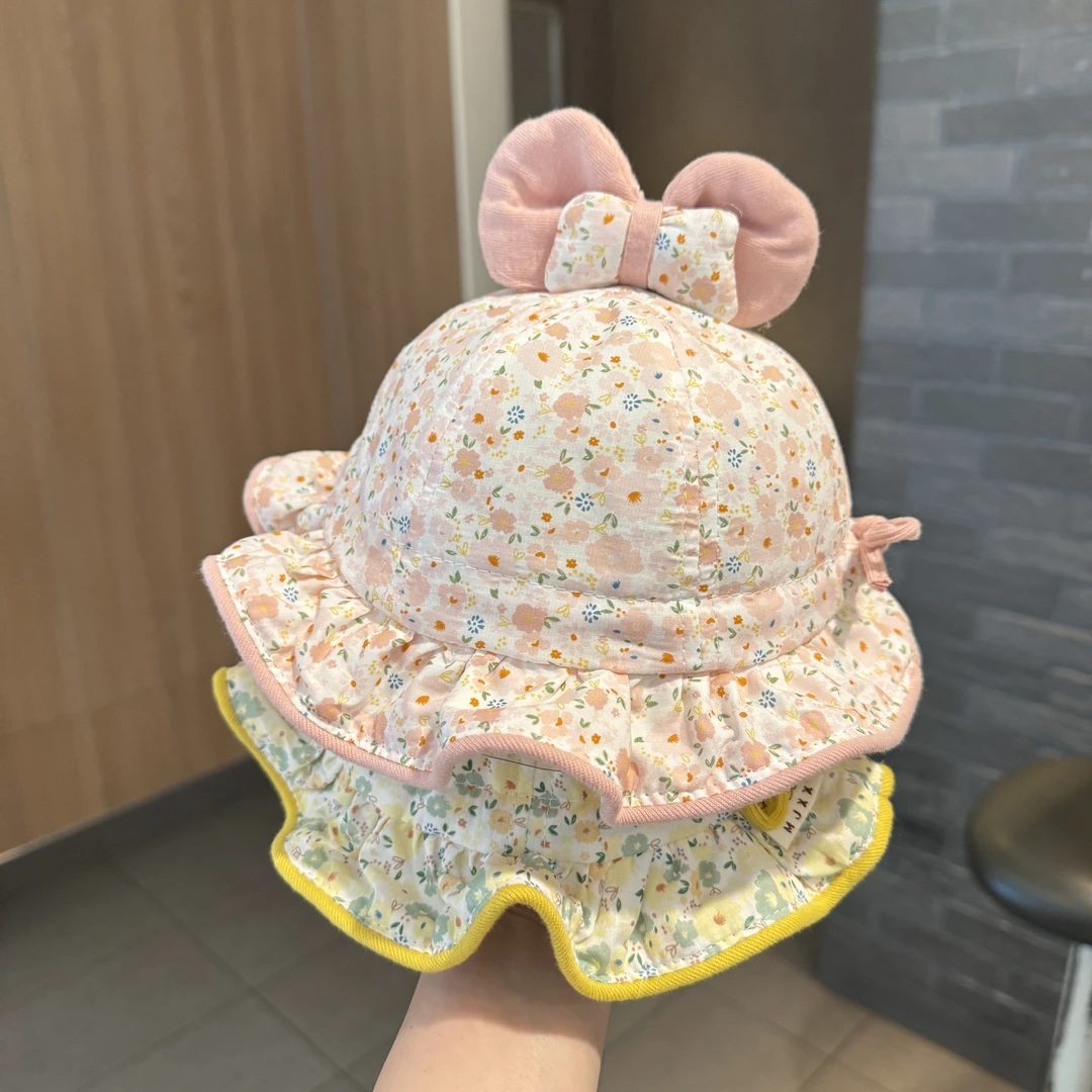 婴儿帽子春秋薄款遮阳渔夫帽女宝宝可调盆帽小月龄公主碎花防晒帽