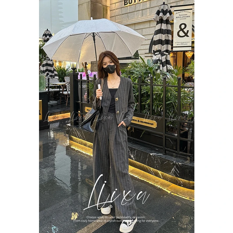 【时尚套装】春季新款灰色条纹西装套装女气质休闲西服阔腿裤两件套