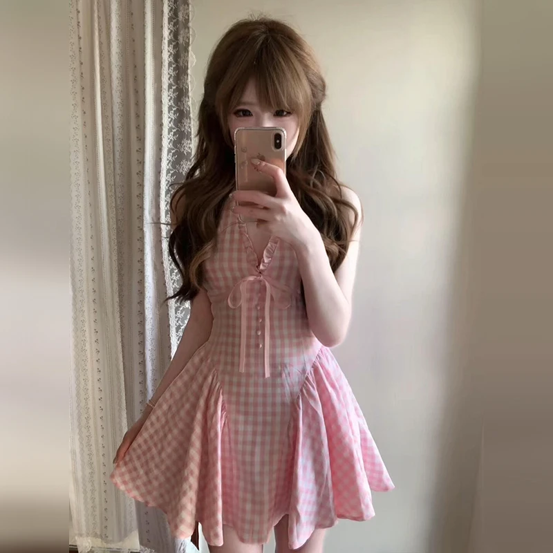 法式粉色甜美初恋格子连衣裙女2025夏季新款超好看独特漂亮短裙子