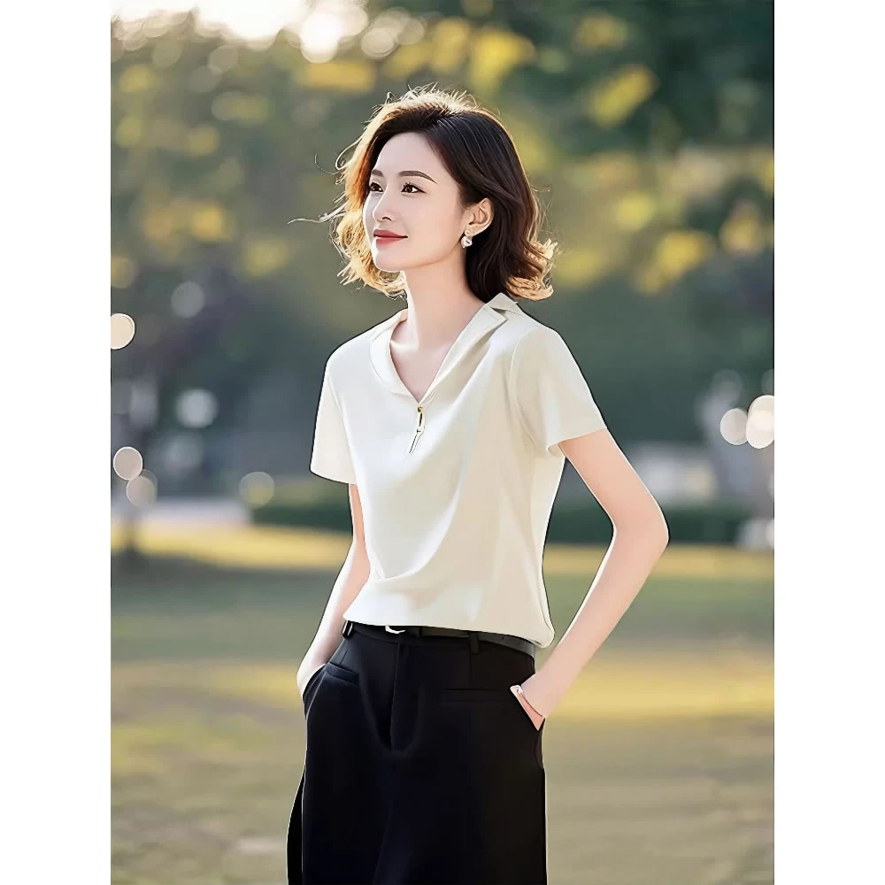 百搭小众设计感翻领短袖收腰显瘦T恤女2025夏季新款纯棉t恤女