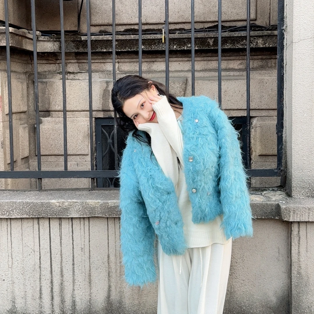 重工定制羊毛抓毛纱 宝石感纽扣V领毛衣开衫外套