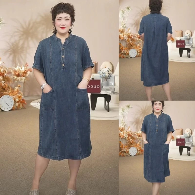 卡洛町大码女装110-200斤夏季新款百搭显瘦复古牛仔连衣裙006