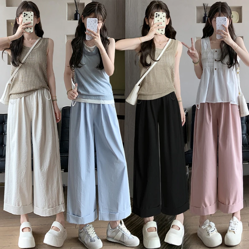 孕妇九分抽绳休闲裤夏季薄款外穿直筒裤阔腿裤透气孕妇裤