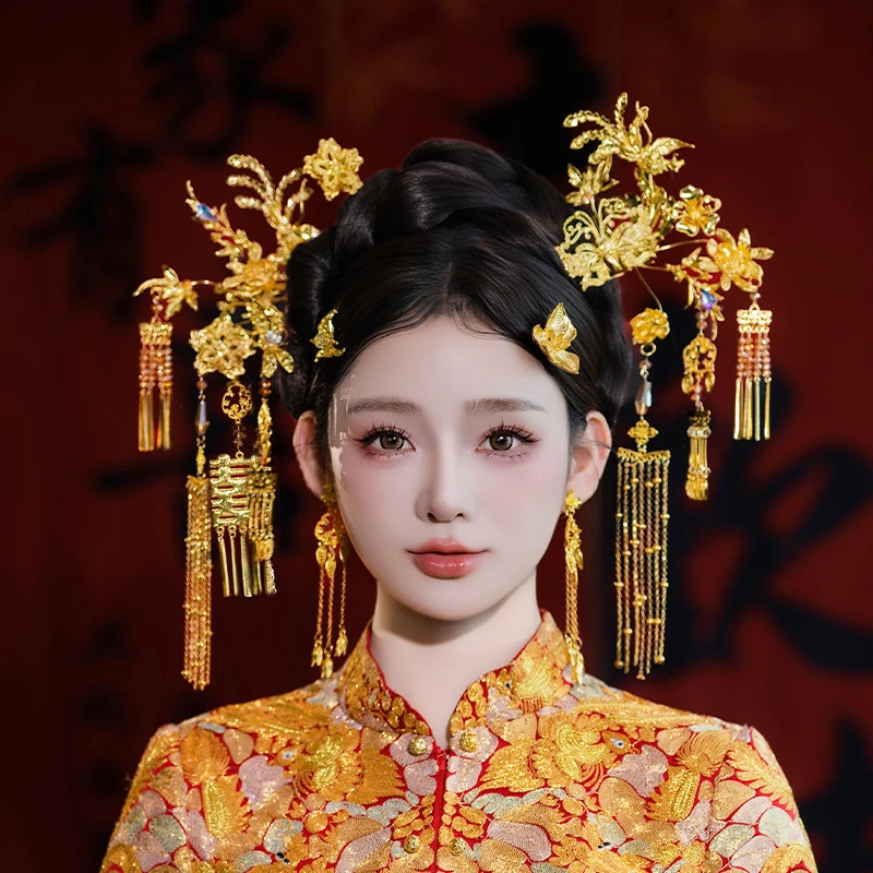 合金婚庆饰品 中式秀禾金色喜字流苏新娘结婚高级大气发饰MT2590