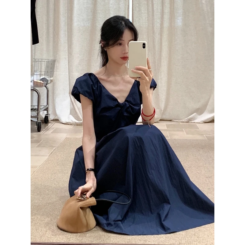 YNVN法式气质V领泡泡袖连衣裙女装设计感小众收腰显瘦长裙子夏季