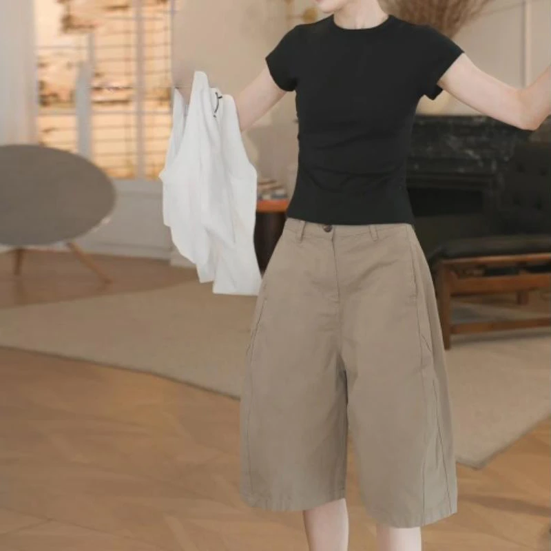 简约高级感休闲工装裤女士2025夏季百搭复古立体剪裁显瘦五分裤子