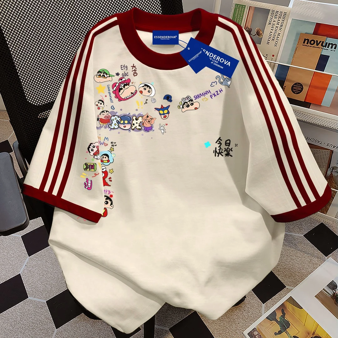 100%纯棉ins潮牌美式复古宽蜡笔小新圆领短袖t恤男女夏季学生上衣