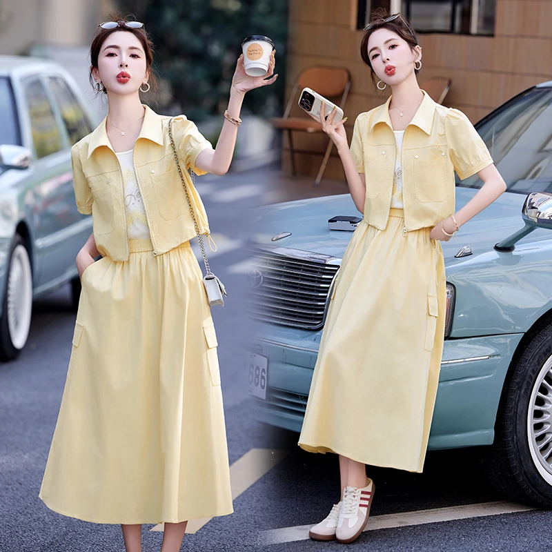 时尚休闲套装女2025夏季新款小个子显瘦气质减龄百搭半身裙三件套